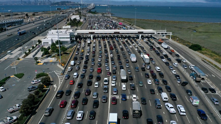 Traffic backs up at the San Francisco-Oakland Bay Bridge toll plaza.