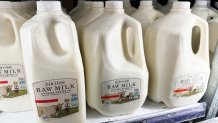 Raw milk from Raw Farm is displayed for sale at a grocery store on November 29, 2024 in Torrance, California. Certain lots of the Fresno-based Raw Farm cream top, whole raw milk have been recalled by California public health and agriculture authorities amid ongoing concerns about possible H5N1 bird flu infections amont the farm's cattle. (Photo by Patrick T. Fallon / AFP) (Photo by PATRICK T. FALLON/AFP via Getty Images)
