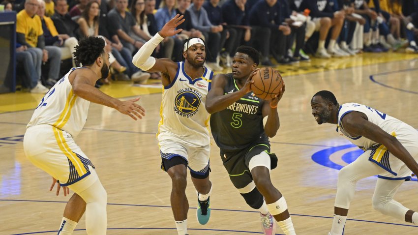 SAN FRANCISCO, CA – MAY 10: Anthony Edwards #5 of the Minnesota Timberwolves drives to the basket during the game against the Golden State Warriors during round 2 game 3 of the 2025 NBA Playoffs on May 10, 2025 at Chase Center in San Francisco, California. NOTE TO USER: User expressly acknowledges and agrees that, by downloading and or using this photograph, user is consenting to the terms and conditions of Getty Images License Agreement. Mandatory Copyright Notice: Copyright 2025 NBAE (Photo by David Dow/NBAE via Getty Images)